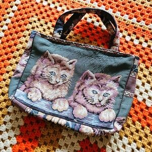 Vintage Cat Tapestry Small Handbag Mini Tote Bag 80s 90s Y2K